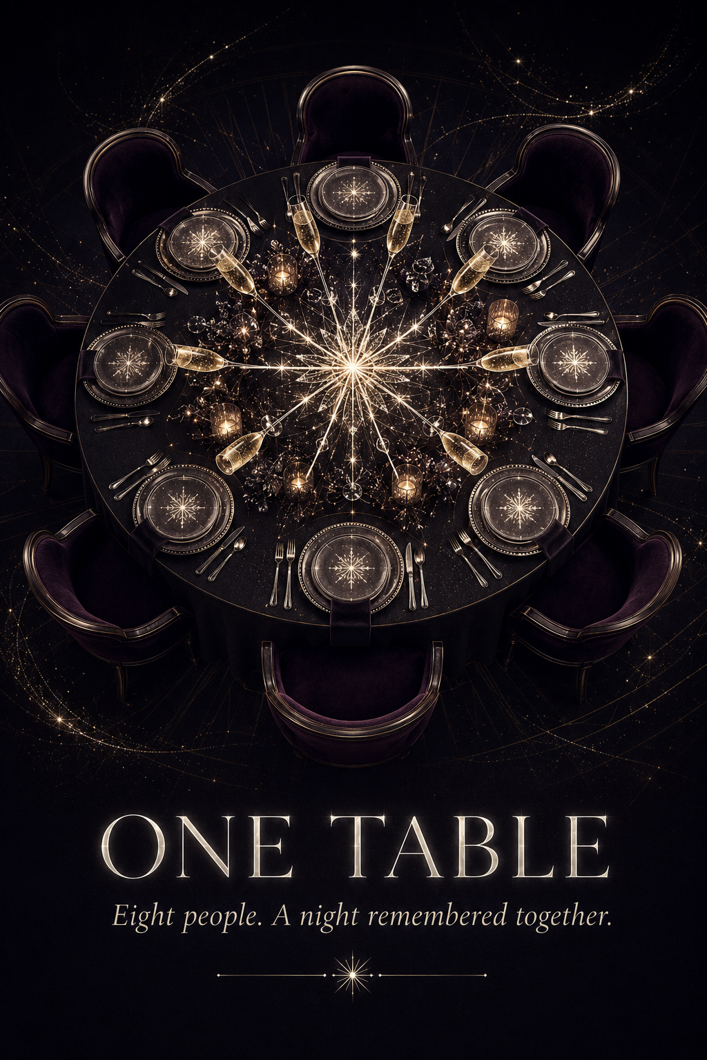A luminous round gala table set for eight, with eight glasses converging in a shared celebration. One table. Eight people. A night remembered together.